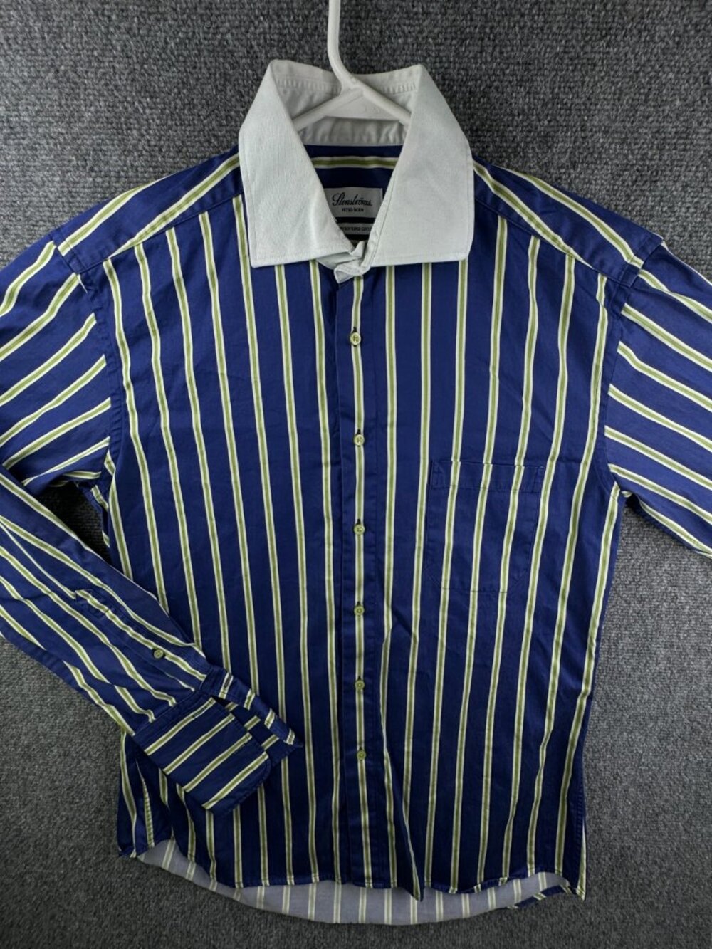 Stenstroms Fitted Body Size 41 Striped Purple Green Long Sleeve Button Up Shirt
